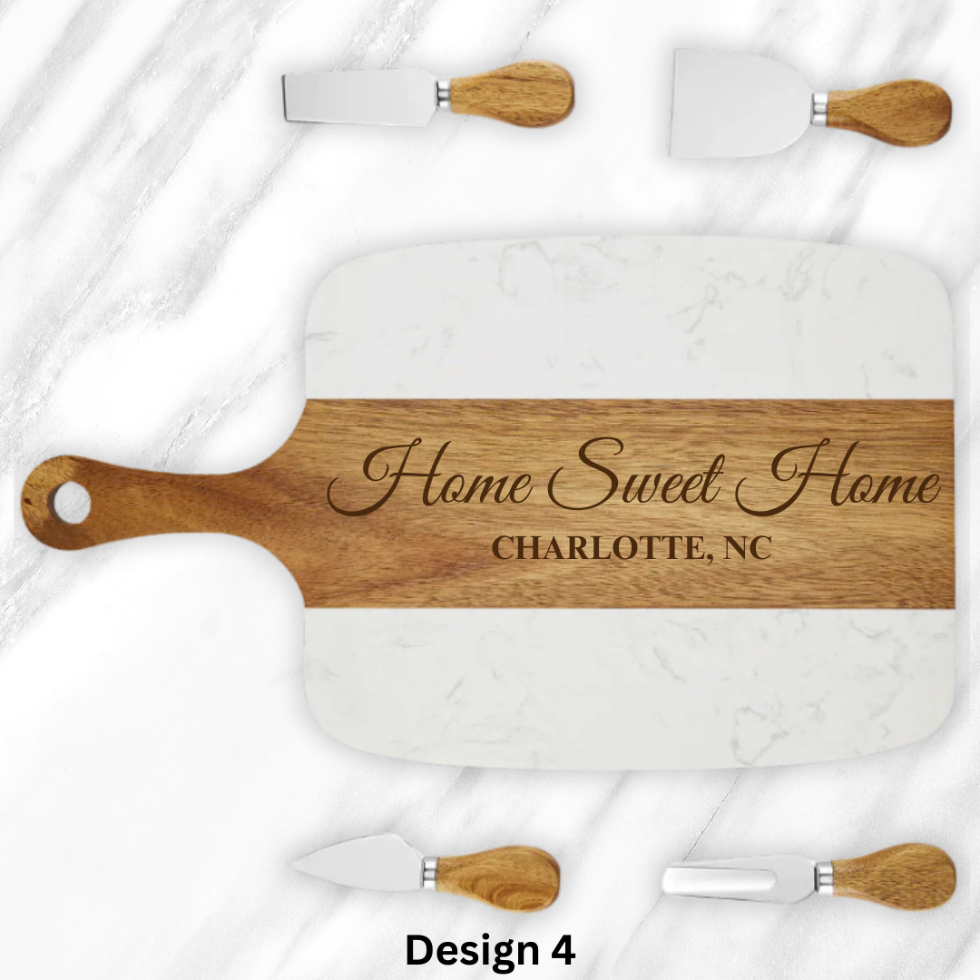 Personalized Marble & Acacia Handle Serving Board Set