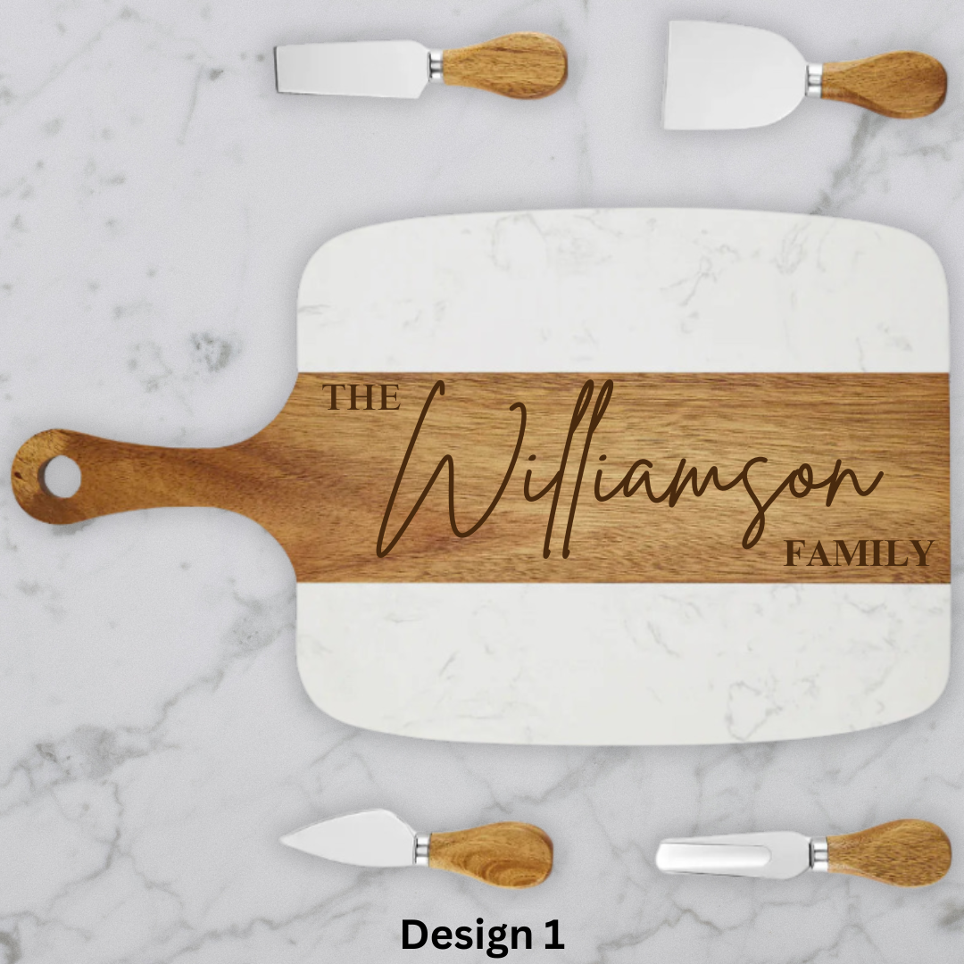 Personalized Marble & Acacia Handle Serving Board Set